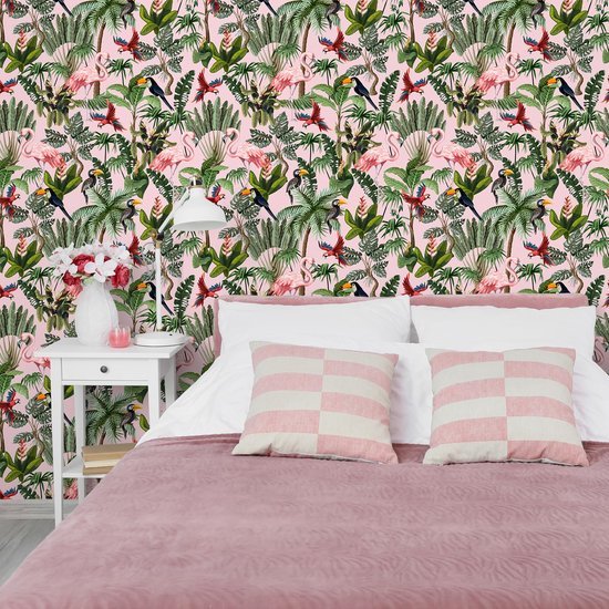 Unyqoos® Zelfklevend tropisch bloemenbehang met flamingo's voor een exotische woonstijl