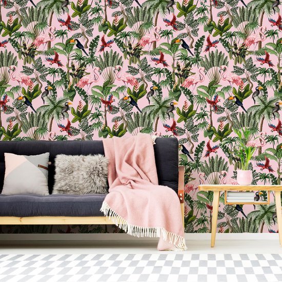 Unyqoos® Zelfklevend tropisch bloemenbehang met flamingo's voor een exotische woonstijl
