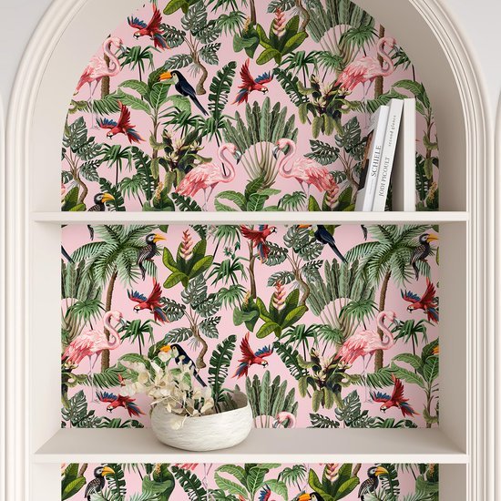 Unyqoos® Zelfklevend tropisch bloemenbehang met flamingo's voor een exotische woonstijl