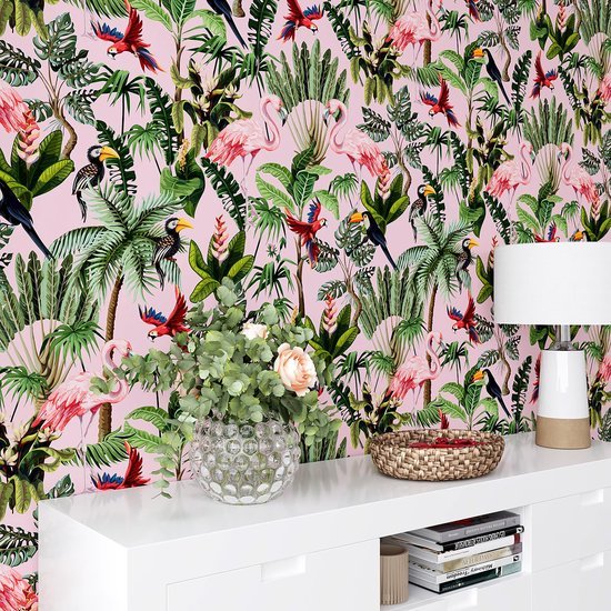 Unyqoos® Zelfklevend tropisch bloemenbehang met flamingo's voor een exotische woonstijl