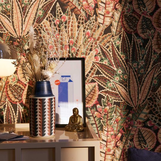 Unyqoos® Hoogwaardig bloemenbehang met palmbladmotief in warme kleuren voor woonkamer, geel-roud-groente-bruin