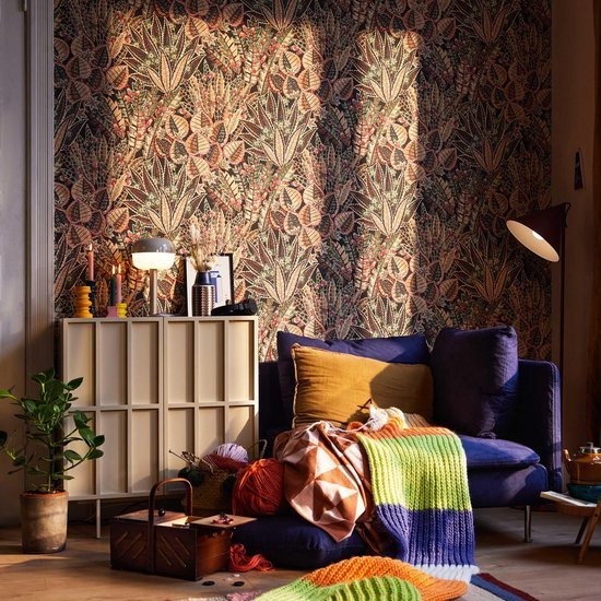Unyqoos® Hoogwaardig bloemenbehang met palmbladmotief in warme kleuren voor woonkamer, geel-roud-groente-bruin