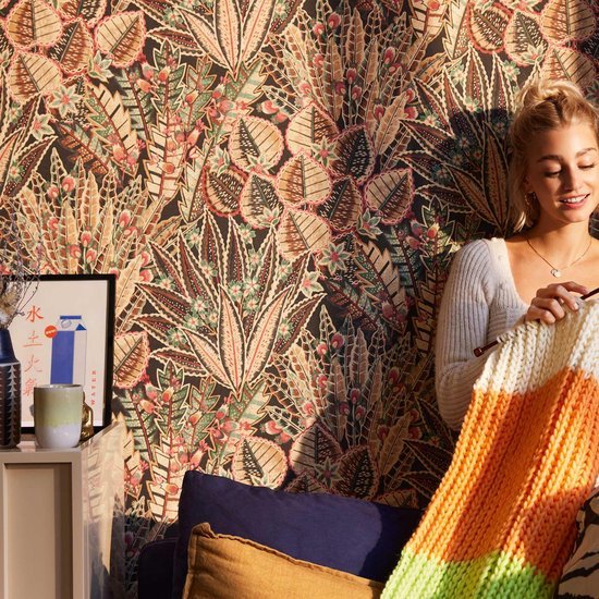 Unyqoos® Hoogwaardig bloemenbehang met palmbladmotief in warme kleuren voor woonkamer, geel-roud-groente-bruin