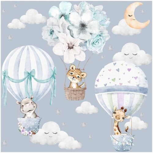 550x550-17167.jpg Unyqoos® Vrolijke Dieren Muursticker voor Kinderkamer met Heteluchtballon en Bloemen