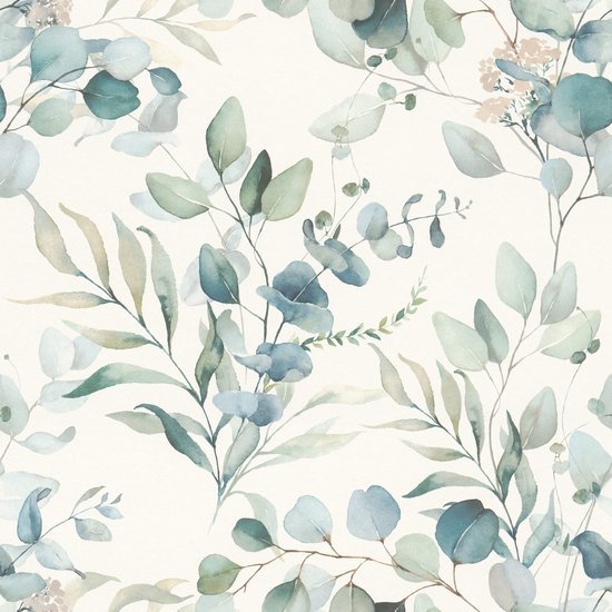 Unyqoos® Waterbestendig vliesbehang met aquarel eucalyptustakken en groene planten, groente-wit