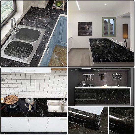 Unyqoos® Zelfklevende en Waterdichte Decoratieve Plakfolie voor Meubels en Muren, 60 x 500 cm, Marmer Zwart