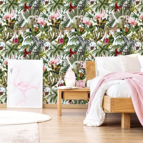 550x550-17366.jpg Unyqoos® Tropisch zelfklevend fotobehang met jungle dieren en bloemenpatroon