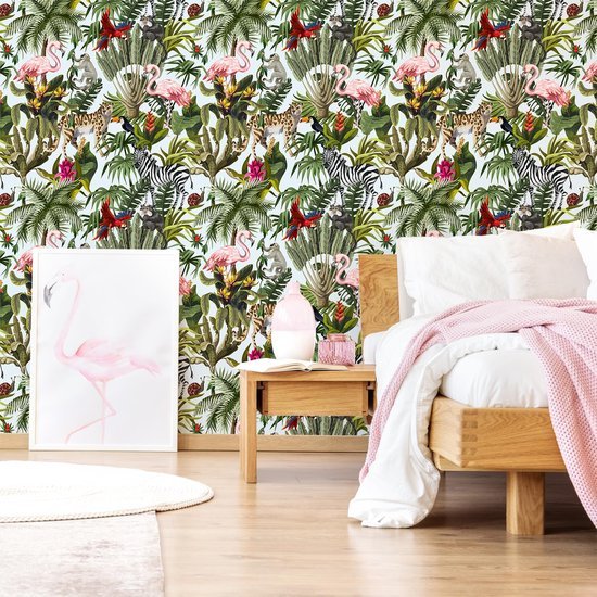 Unyqoos® Tropisch zelfklevend fotobehang met jungle dieren en bloemenpatroon