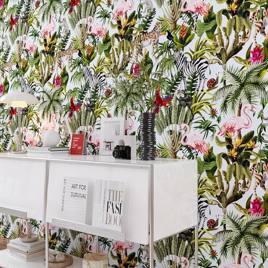 Unyqoos® Tropisch zelfklevend fotobehang met jungle dieren en bloemenpatroon