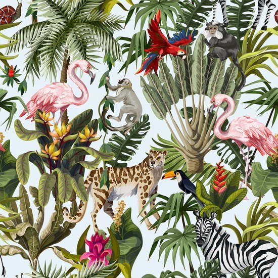 Unyqoos® Tropisch zelfklevend fotobehang met jungle dieren en bloemenpatroon