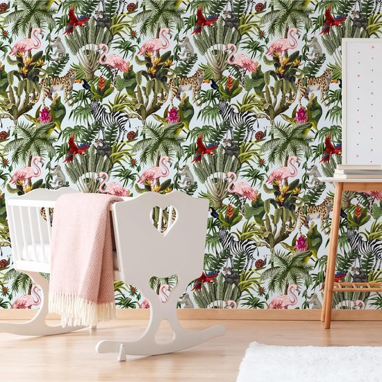 Unyqoos® Tropisch zelfklevend fotobehang met jungle dieren en bloemenpatroon