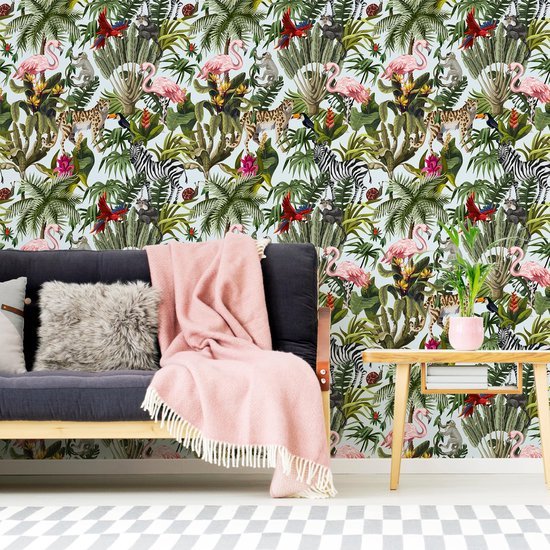 Unyqoos® Tropisch zelfklevend fotobehang met jungle dieren en bloemenpatroon