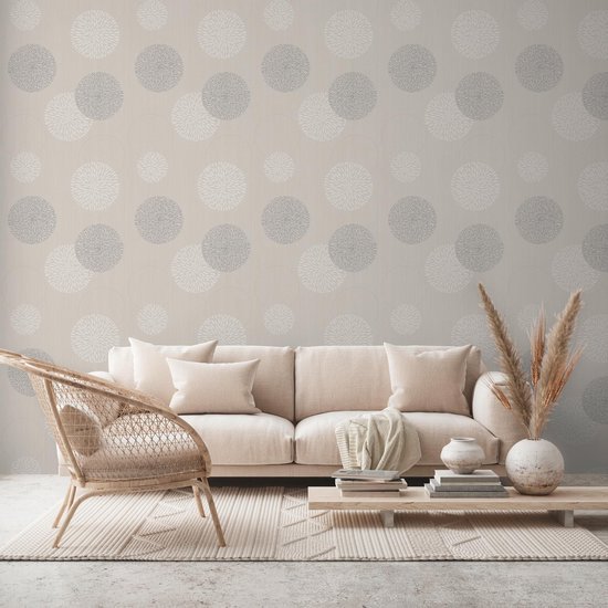 Unyqoos® Vliesbehang met abstract bloemendesign en metallic accenten in beige tint