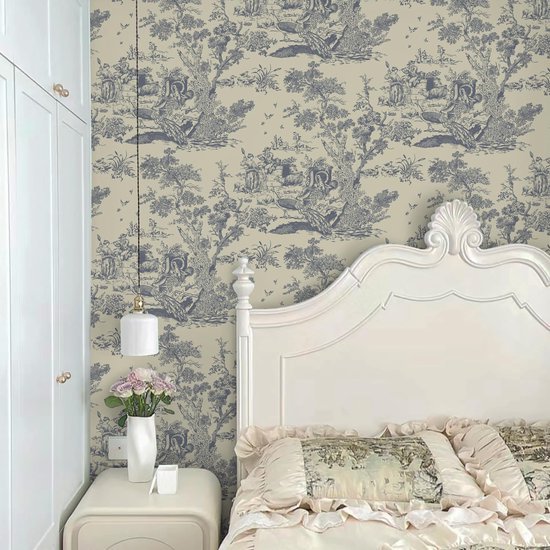 Unyqoos® Zelfklevend vintage behang met dieren en planten in beige en blauw