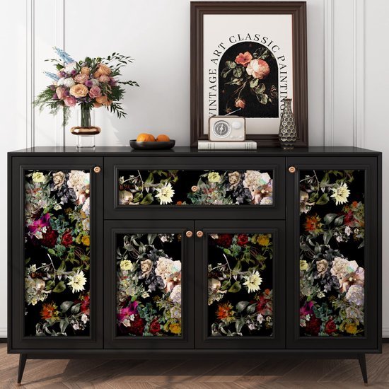 550x550-17593.jpg Unyqoos® Zelfklevend donker bloemenbehang met romantische rozen en wilde bladeren