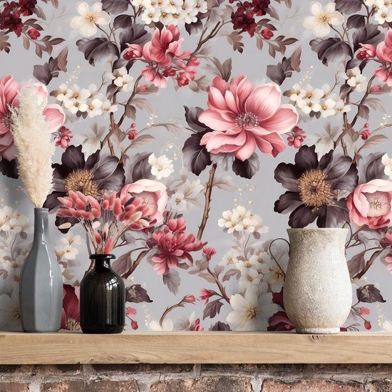 550x550-17640.jpg Unyqoos® Vintage bloemenbehang in grijs en roze voor sfeervolle interieurdecoratie
