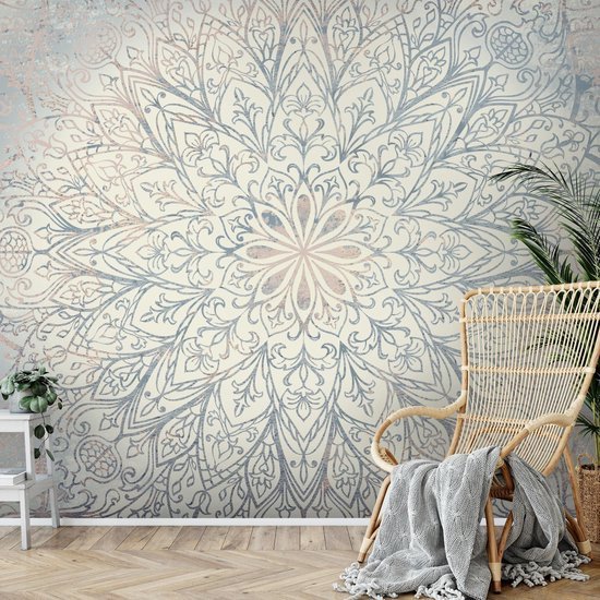 Unyqoos® Groot modern fotobehang met mandala motief in blauw en beige tinten