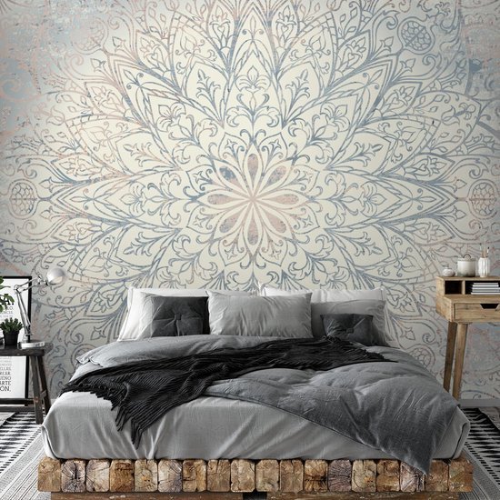 Unyqoos® Groot modern fotobehang met mandala motief in blauw en beige tinten