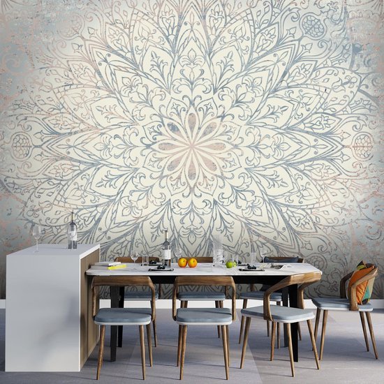 Unyqoos® Groot modern fotobehang met mandala motief in blauw en beige tinten