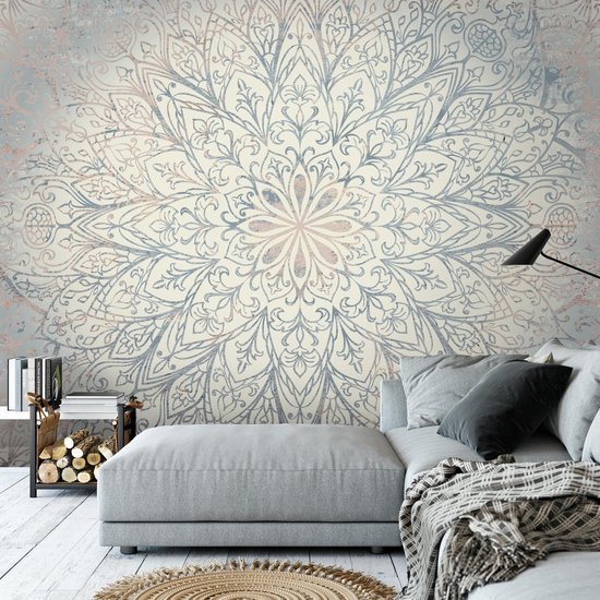 Unyqoos® Groot modern fotobehang met mandala motief in blauw en beige tinten