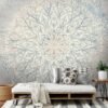 Unyqoos® Groot modern fotobehang met mandala motief in blauw en beige tinten