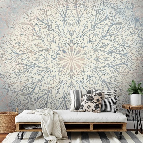 Unyqoos® Groot modern fotobehang met mandala motief in blauw en beige tinten