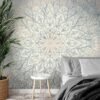 Unyqoos® Groot modern fotobehang met mandala motief in blauw en beige tinten