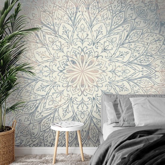 Unyqoos® Groot modern fotobehang met mandala motief in blauw en beige tinten