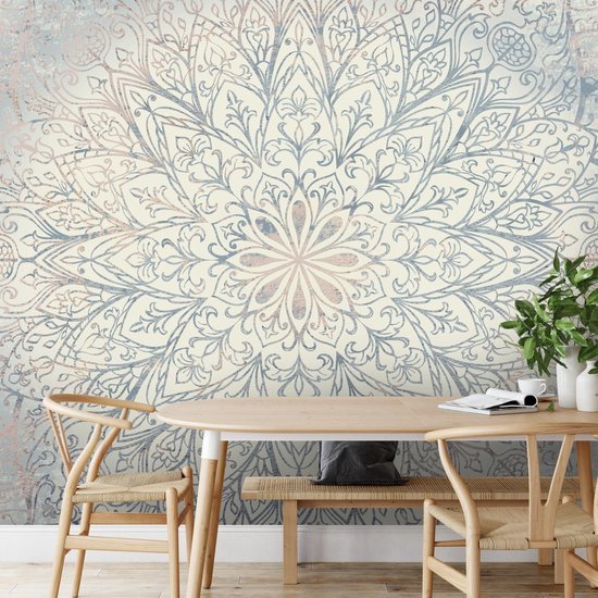Unyqoos® Groot modern fotobehang met mandala motief in blauw en beige tinten