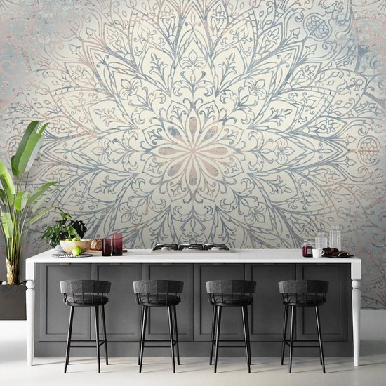 Unyqoos® Groot modern fotobehang met mandala motief in blauw en beige tinten