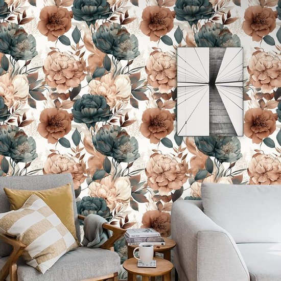 550x550-18088.jpg Unyqoos® Bruin en blauw bloemenpatroon zelfklevend behang voor diverse ruimtes