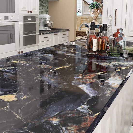 Unyqoos® Waterdichte marmerlook plakfolie zwart goud blauw voor keuken en meubels