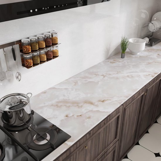 Unyqoos® Moderne zelfklevende marmerfolie voor keuken en badkamer in mat beige, 30 cm x 200 cm