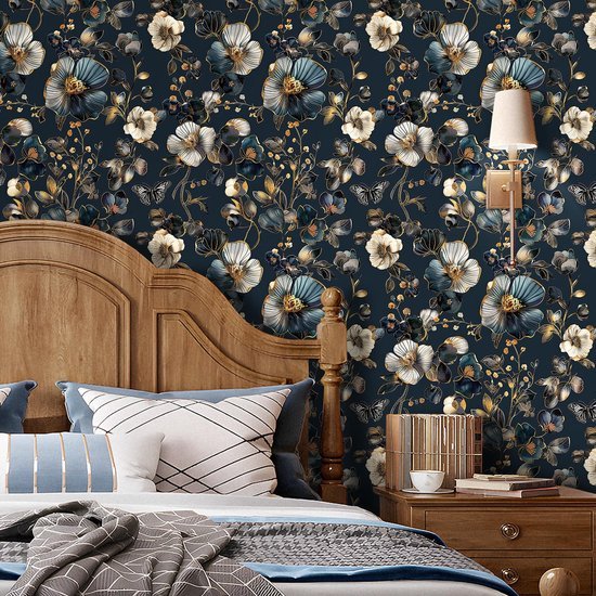 550x550-18413.jpg Unyqoos® Vintage Zelfklevend Behang met Blauw Gouden Bloemenpatroon voor Interieurdecoratie 44,5 x 200 cm