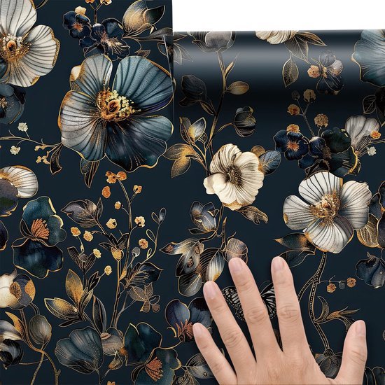 550x550-18414.jpg Unyqoos® Vintage Zelfklevend Behang met Blauw Gouden Bloemenpatroon voor Interieurdecoratie 44,5 x 200 cm