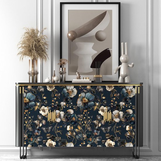 550x550-18415.jpg Unyqoos® Vintage Zelfklevend Behang met Blauw Gouden Bloemenpatroon voor Interieurdecoratie 44,5 x 200 cm