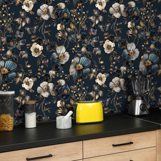 550x550-18417.jpg Unyqoos® Vintage Zelfklevend Behang met Blauw Gouden Bloemenpatroon voor Interieurdecoratie 44,5 x 200 cm