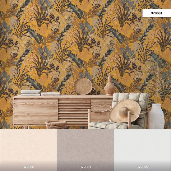 550x550-18514.jpg Unyqoos® Modern vliesbehang met elegant bloemenpatroon en bladmotief in warme tinten, geel-bruin-blauw