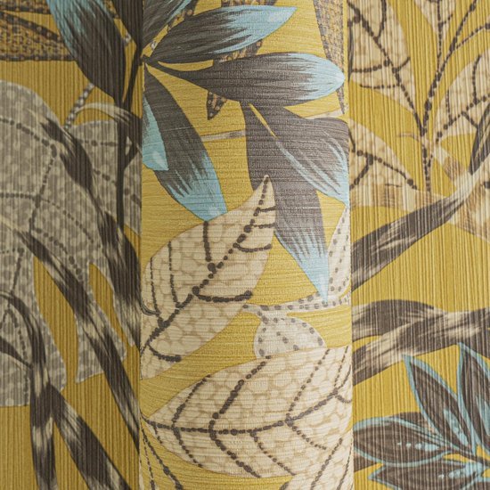 550x550-18515.jpg Unyqoos® Modern vliesbehang met elegant bloemenpatroon en bladmotief in warme tinten, geel-bruin-blauw