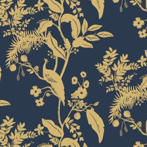 Unyqoos® Donkerblauw en Goud Zelfklevend Behang met Vogel- en Bloemenpatroon 44 cm x 3 m