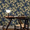 Unyqoos® Donkerblauw en Goud Zelfklevend Behang met Vogel- en Bloemenpatroon 44 cm x 3 m