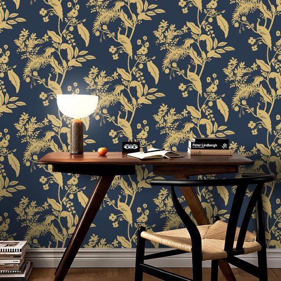 Unyqoos® Donkerblauw en Goud Zelfklevend Behang met Vogel- en Bloemenpatroon 44 cm x 3 m