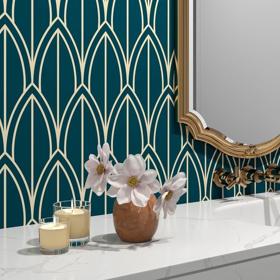 Unyqoos® Zelfklevend geometrisch patroonbehang voor veelzijdige interieurdecoratie, groente-blauw