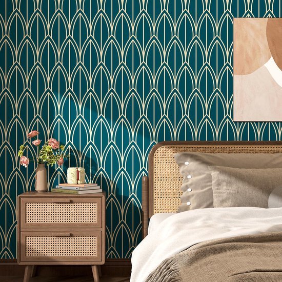 Unyqoos® Zelfklevend geometrisch patroonbehang voor veelzijdige interieurdecoratie, groente-blauw