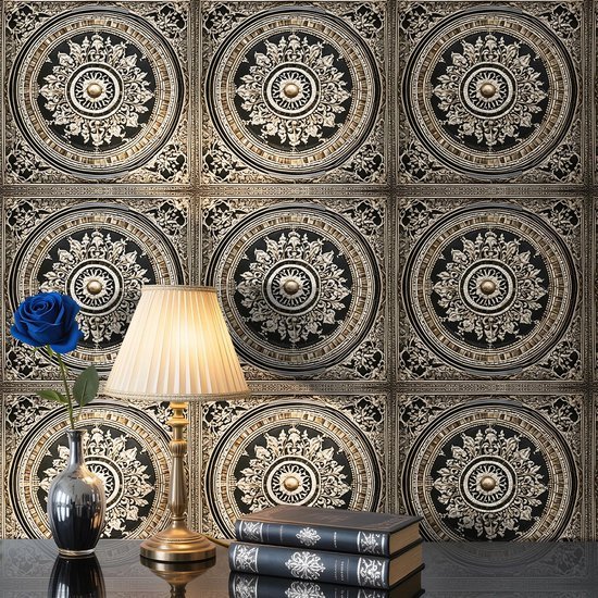 Unyqoos® Elegant zwart-goud barok zelfklevend behang met 3D-effect voor interieur