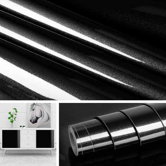 Unyqoos® Glanzende zwarte zelfklevende folie voor meubels en keukenoppervlakken