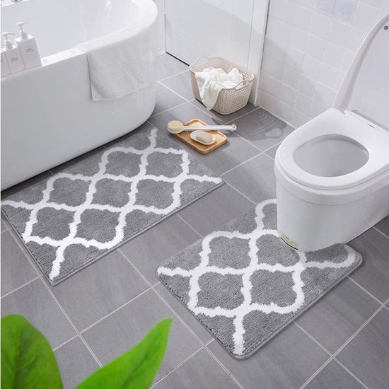 Unyqoos® Zachte en Luxe Hoogpolige Antislip Badmatset voor Badkamer en Toilet, Twee Stuks, Grijs