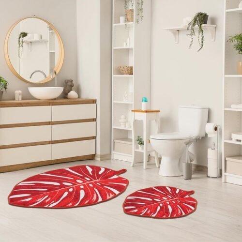 Unyqoos ® Stijlvolle Oranje Badmat Set met Monstera Design voor Veiligheid en Comfort in de Badkamer