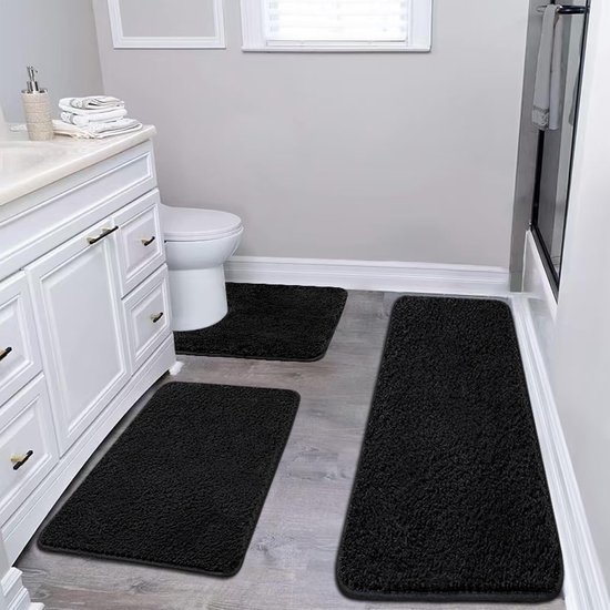 Unyqoos® Verwen Je Voeten Met Luxe Zachte Microvezel Badmatten Set, Antislip En Absorberend, Zwart, 2-Delig