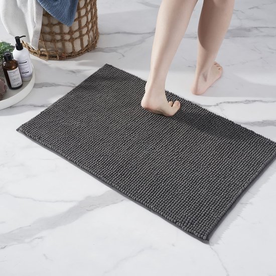 Unyqoos® Donkergrijze Chenille Badmat met Antislip voor Badkamer en Douche, Wasbaar, 50 x 80 cm